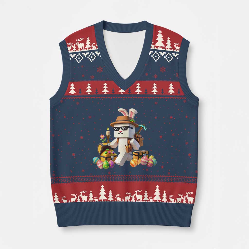 Funny Easter Day Bunny Miner Egg Video Game V-Neck Knit Sweater Vest TS11 Navy Red Print Your Wear