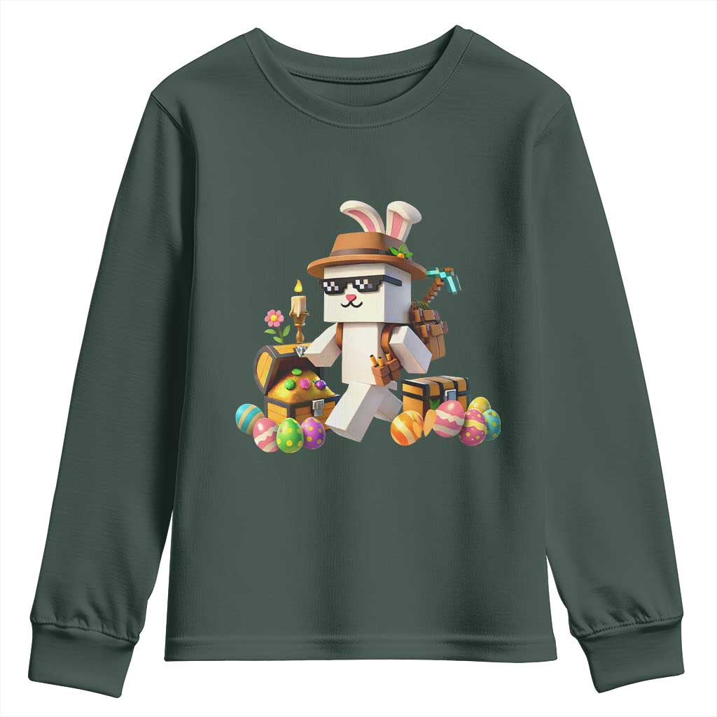 Funny Easter Day Bunny Miner Egg Video Game Youth Sweatshirt TS11 Dark Forest Green Print Your Wear