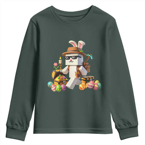 Funny Easter Day Bunny Miner Egg Video Game Youth Sweatshirt TS11 Dark Forest Green Print Your Wear