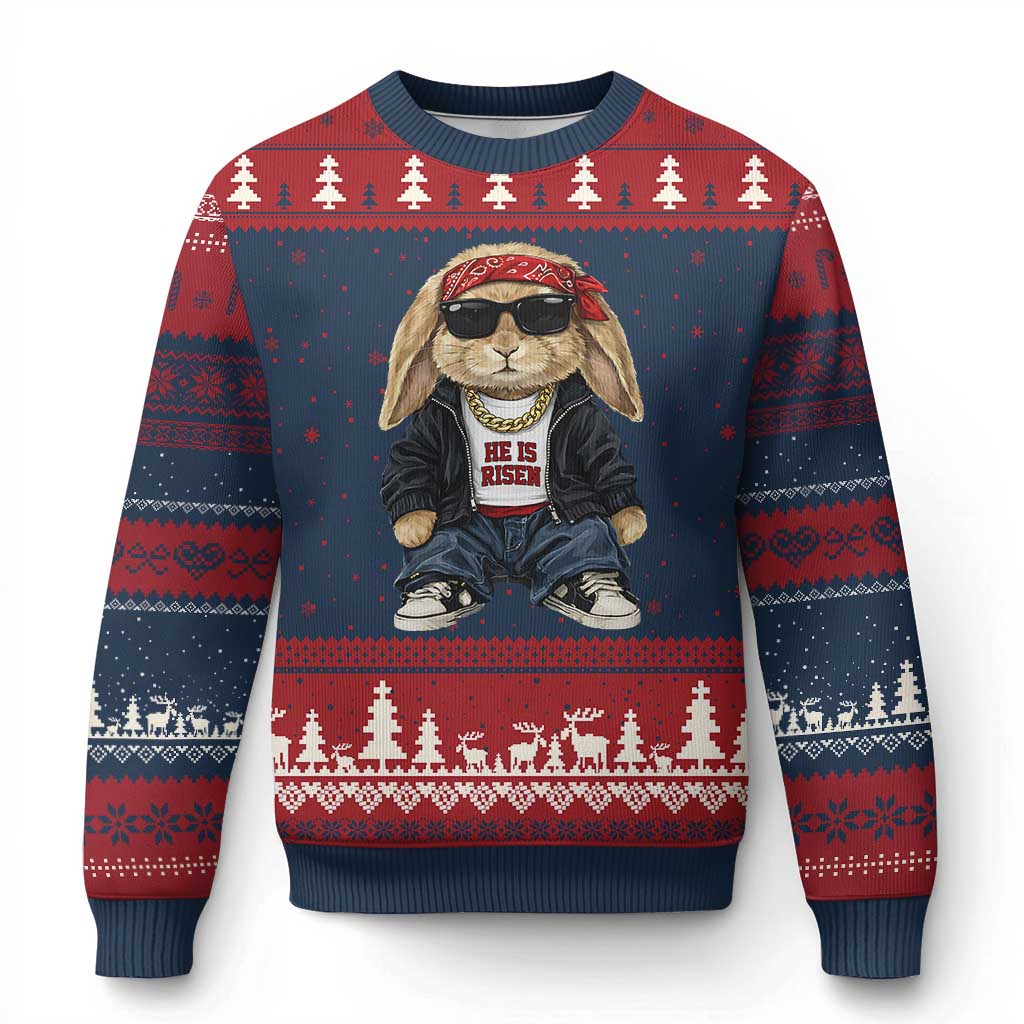 Hip Hop Easter Bunny He is Risen Jesus Religious Christian Ugly Christmas Sweater TS11 Navy Red Print Your Wear