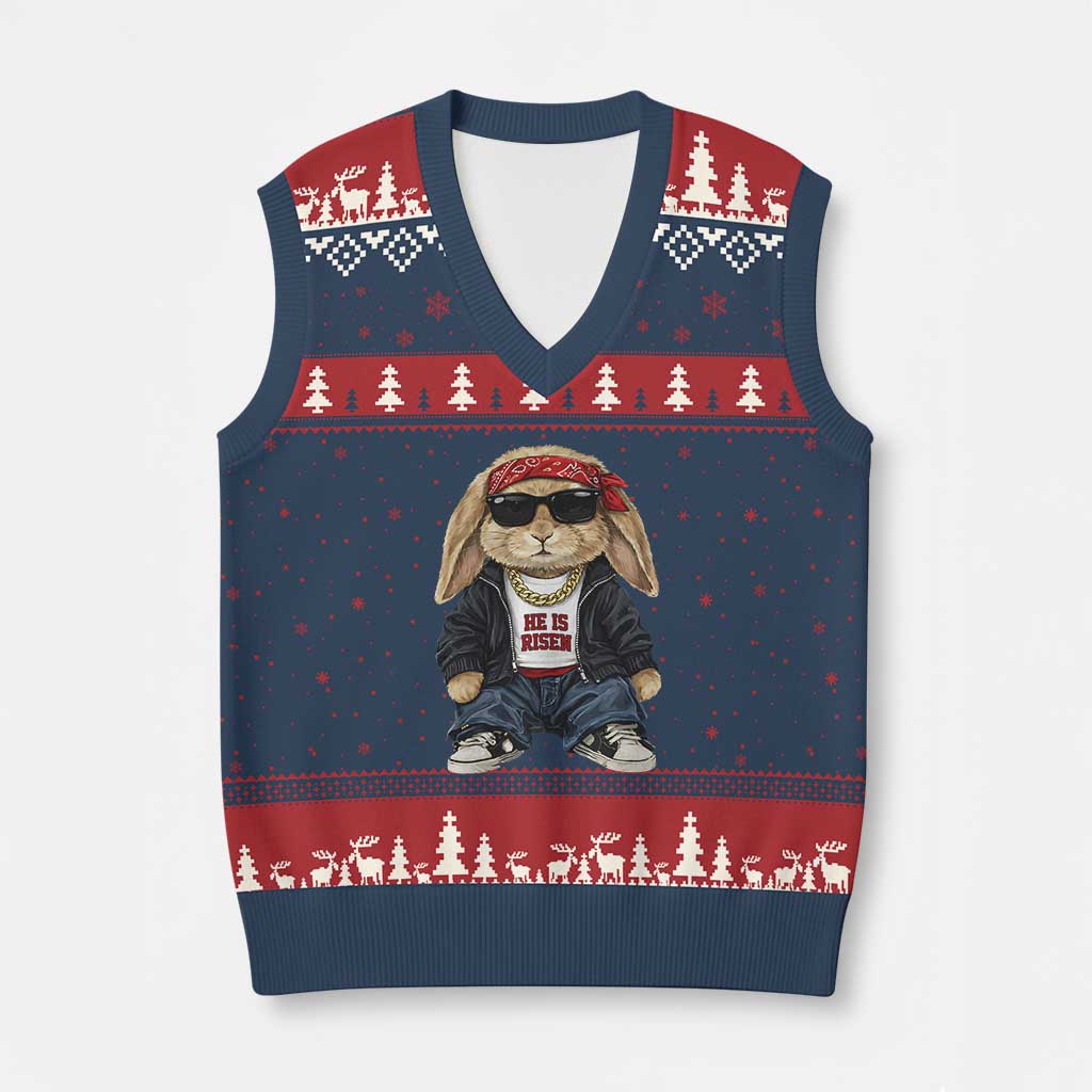 Hip Hop Easter Bunny He is Risen Jesus Religious Christian V-Neck Knit Sweater Vest TS11 Navy Red Print Your Wear