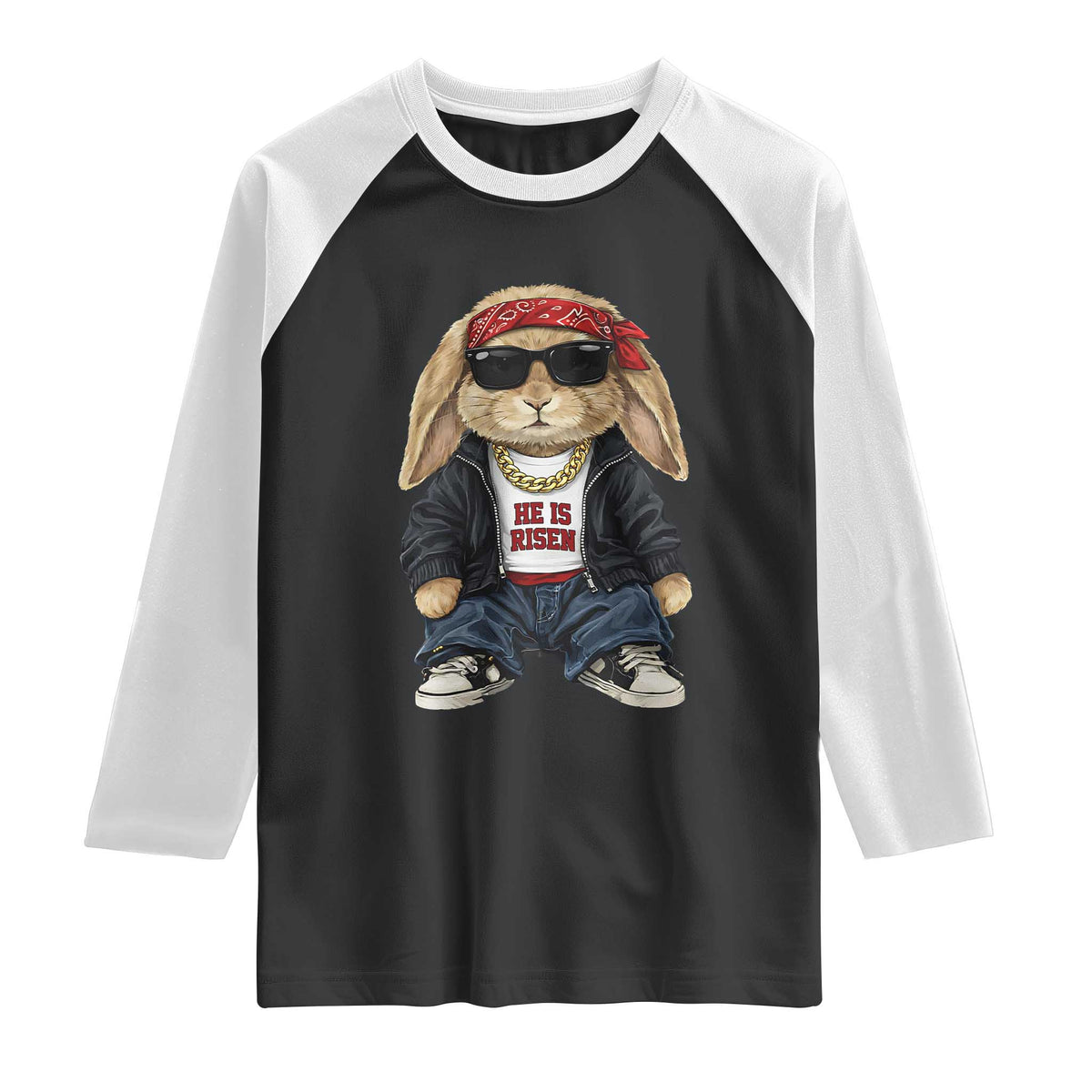 Hip Hop Easter Bunny He is Risen Jesus Religious Christian Raglan Shirt TS11 Black White Print Your Wear