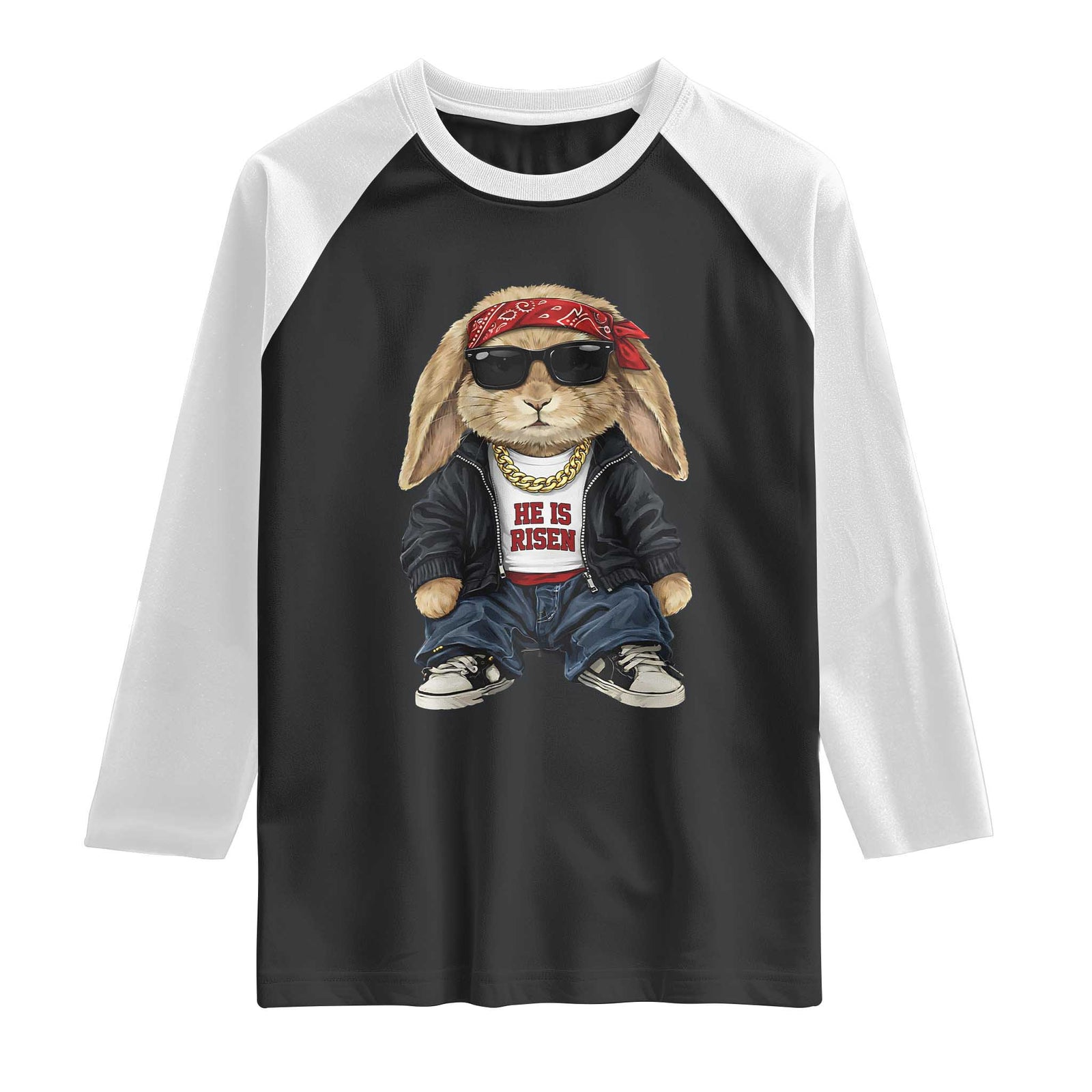 Hip Hop Easter Bunny He is Risen Jesus Religious Christian Raglan Shirt TS11 Black White Print Your Wear