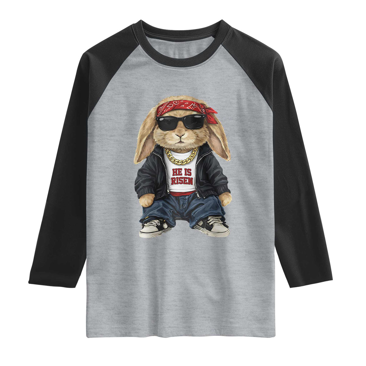 Hip Hop Easter Bunny He is Risen Jesus Religious Christian Raglan Shirt TS11 Heather Gray Black Print Your Wear