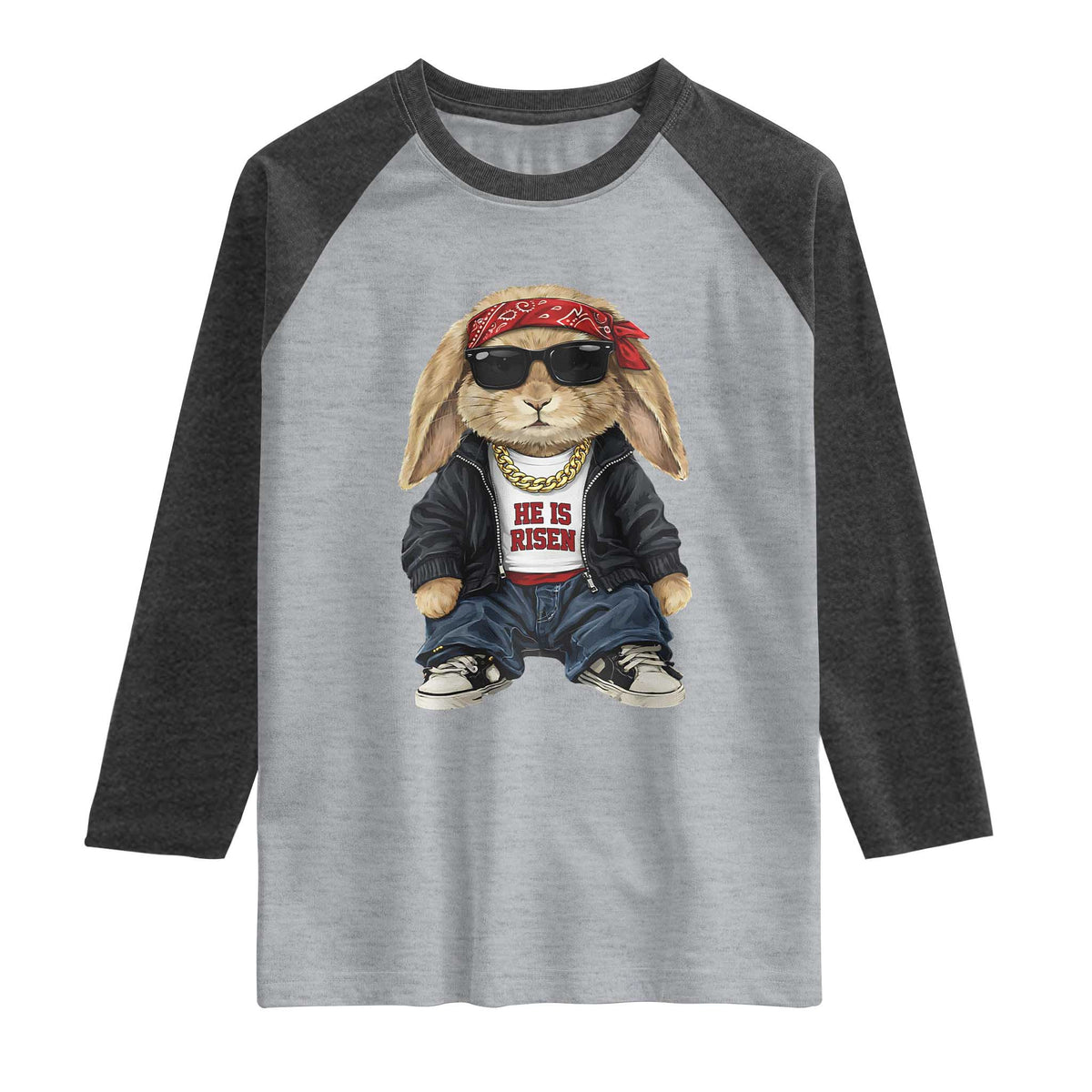Hip Hop Easter Bunny He is Risen Jesus Religious Christian Raglan Shirt TS11 Heather Gray Heather Charcoal Print Your Wear