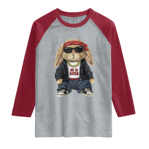Hip Hop Easter Bunny He is Risen Jesus Religious Christian Raglan Shirt TS11 Heather Gray Heather Red Print Your Wear