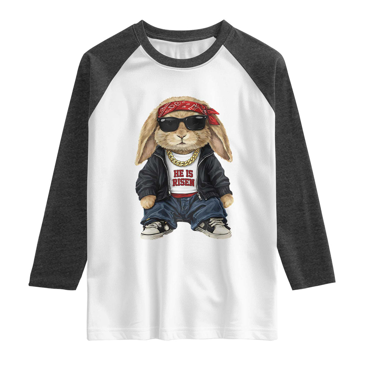 Hip Hop Easter Bunny He is Risen Jesus Religious Christian Raglan Shirt TS11 White Heather Charcoal Print Your Wear