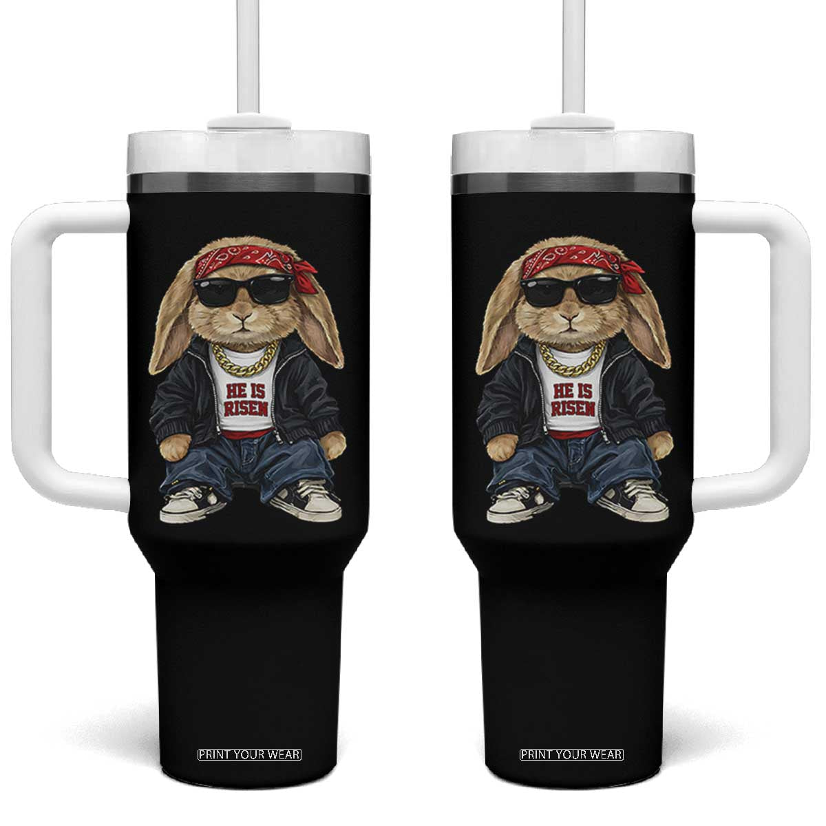 Hip Hop Easter Bunny He is Risen Jesus Religious Christian Tumbler With Handle TS11 One Size: 40 oz Black Print Your Wear