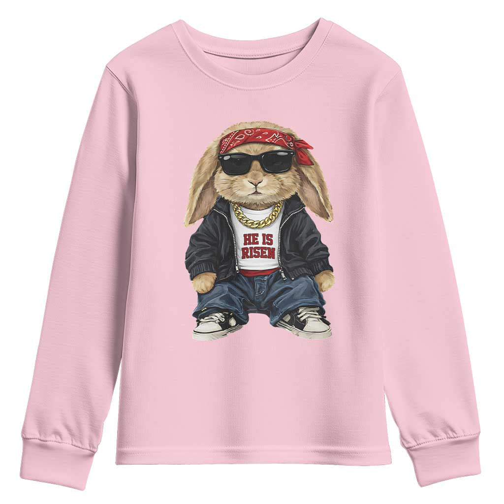 Hip Hop Easter Bunny He is Risen Jesus Religious Christian Youth Sweatshirt TS11 Light Pink Print Your Wear