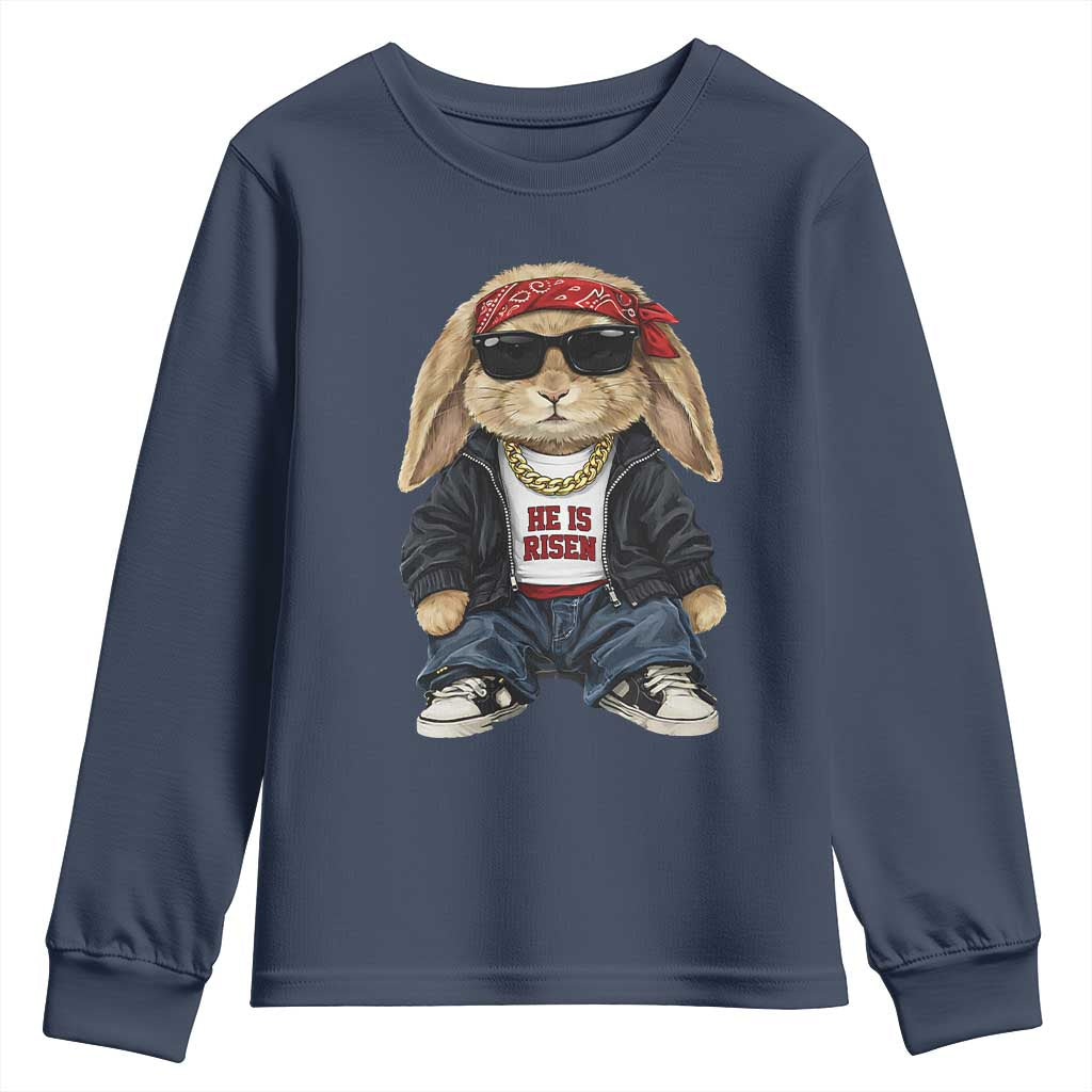 Hip Hop Easter Bunny He is Risen Jesus Religious Christian Youth Sweatshirt TS11 Navy Print Your Wear