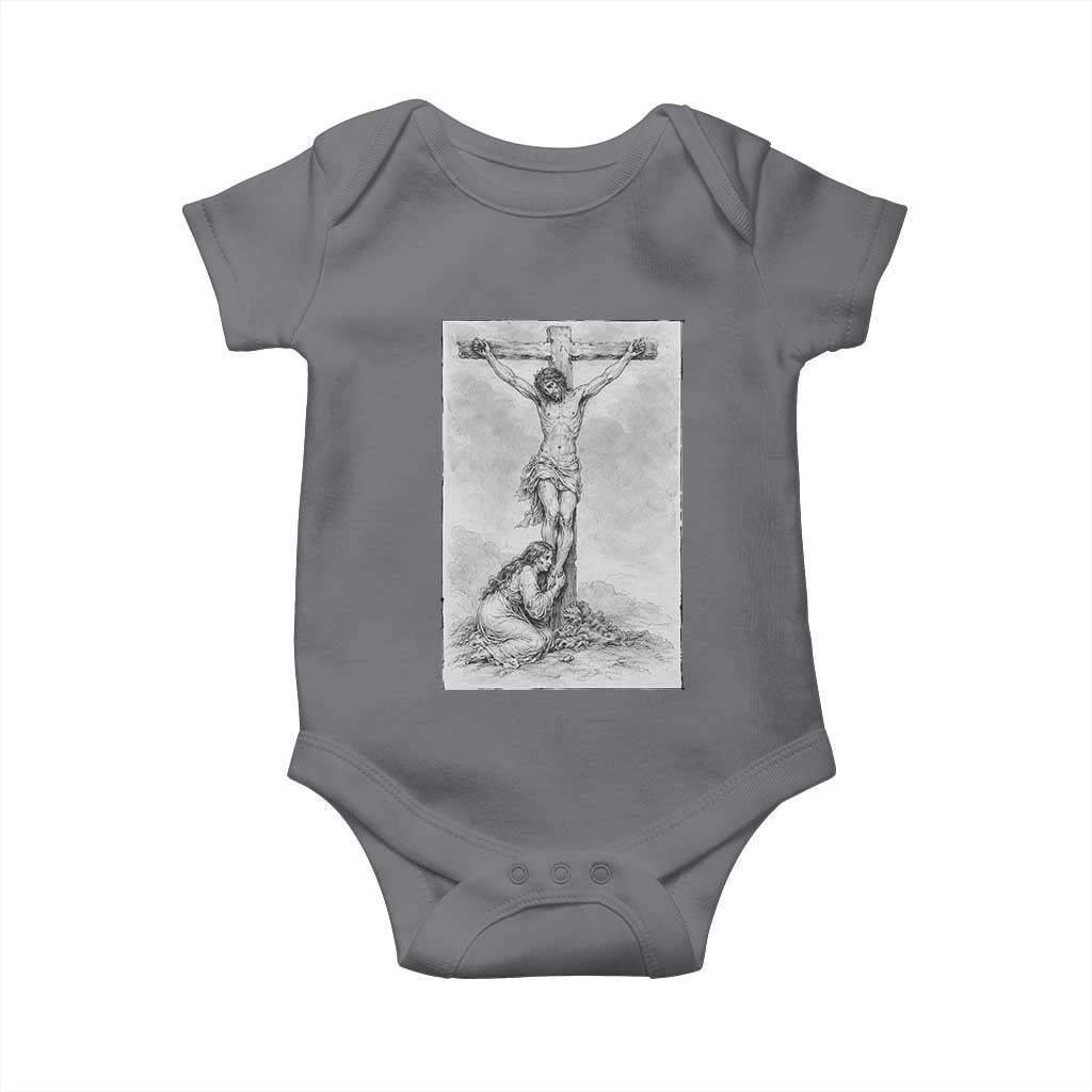 Jesus and St Mary Magdalene At The Cross Baby Onesie Vintage Catholic Lent TS11 Charcoal Print Your Wear