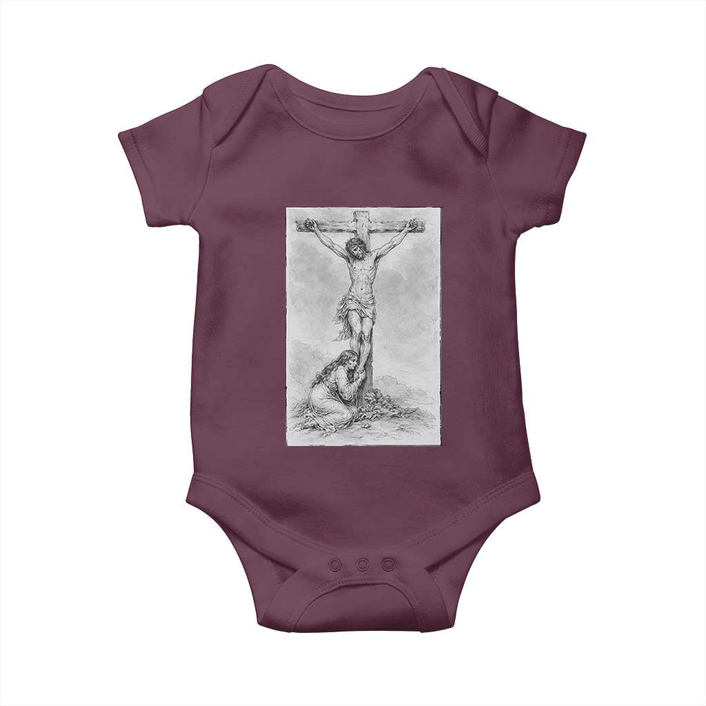Jesus and St Mary Magdalene At The Cross Baby Onesie Vintage Catholic Lent TS11 Maroon Print Your Wear