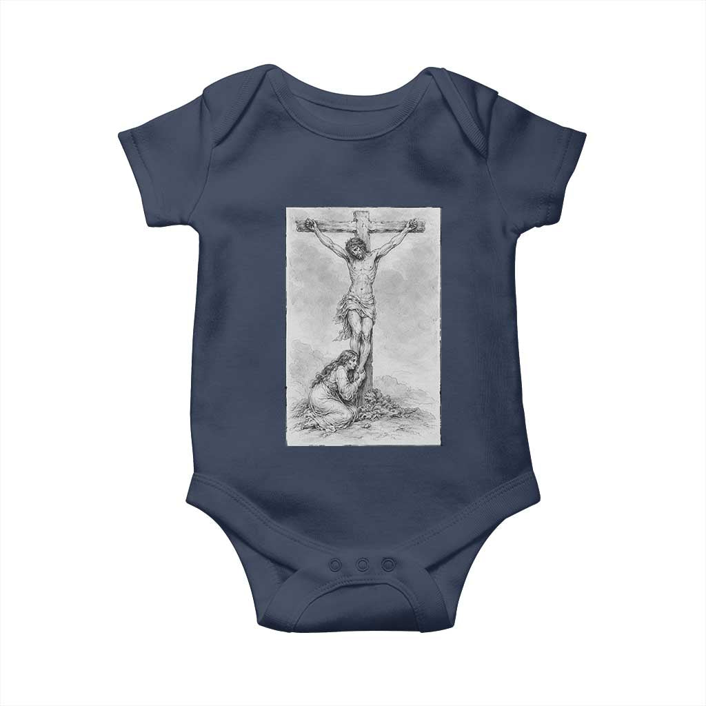 Jesus and St Mary Magdalene At The Cross Baby Onesie Vintage Catholic Lent TS11 Navy Print Your Wear