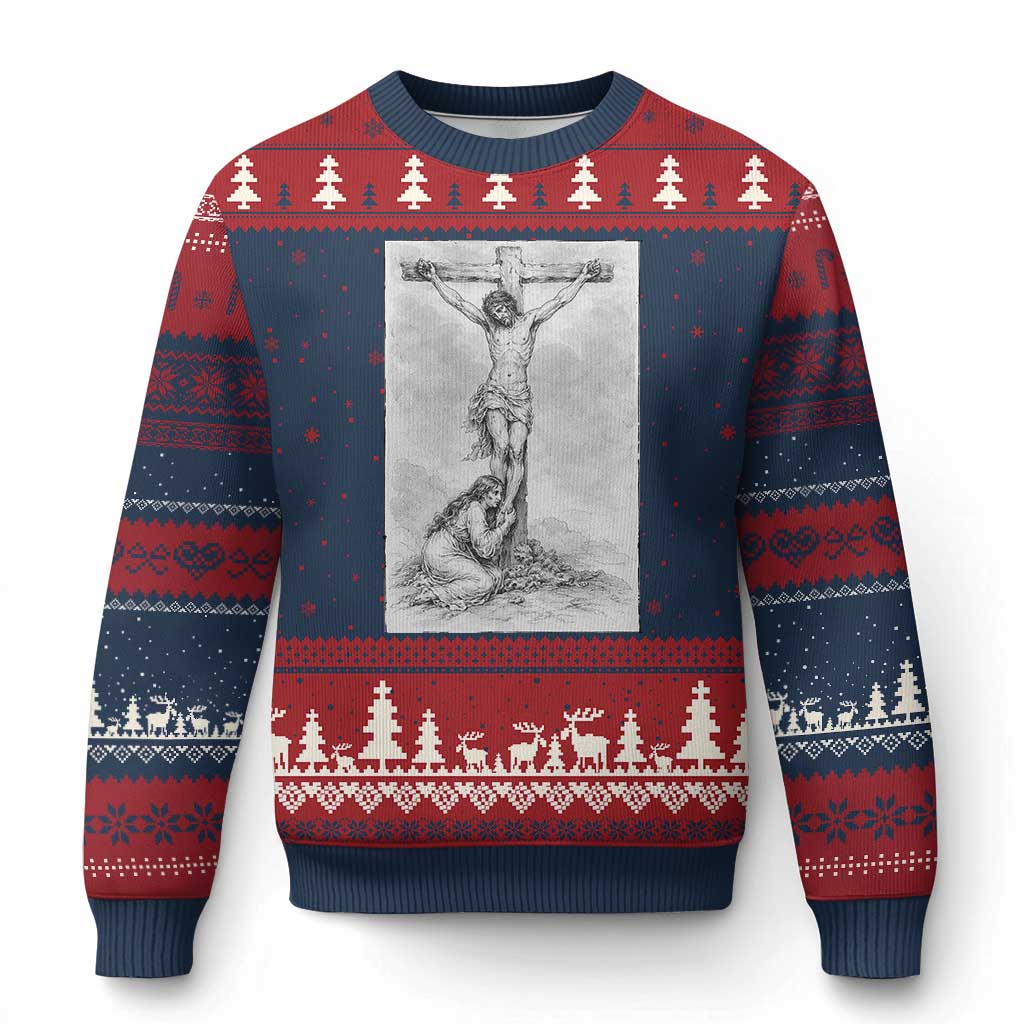 Jesus and St Mary Magdalene At The Cross Ugly Christmas Sweater Vintage Catholic Lent TS11 Navy Red Print Your Wear