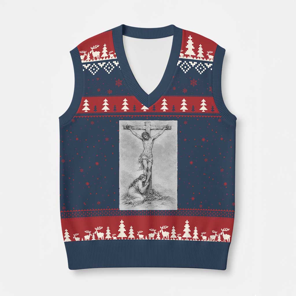 Jesus and St Mary Magdalene At The Cross V-Neck Knit Sweater Vest Vintage Catholic Lent TS11 Navy Red Print Your Wear