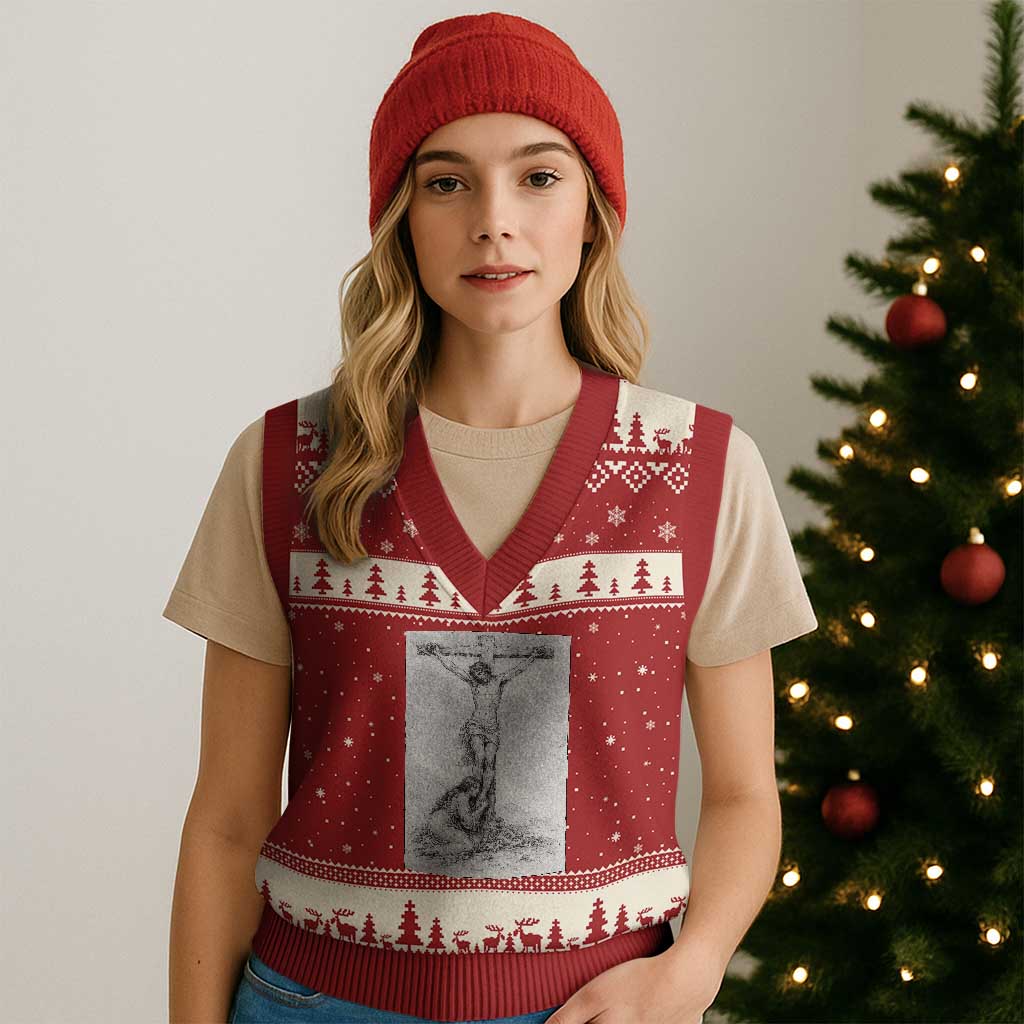 Jesus and St Mary Magdalene At The Cross V-Neck Knit Sweater Vest Vintage Catholic Lent TS11 Red Beige Print Your Wear