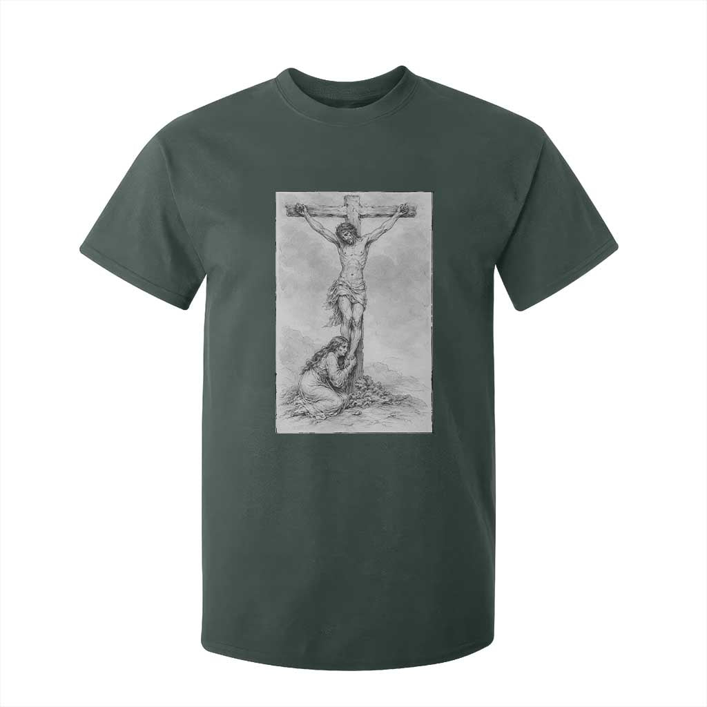 Jesus and St Mary Magdalene At The Cross T Shirt For Kid Vintage Catholic Lent TS11 Dark Forest Green Print Your Wear