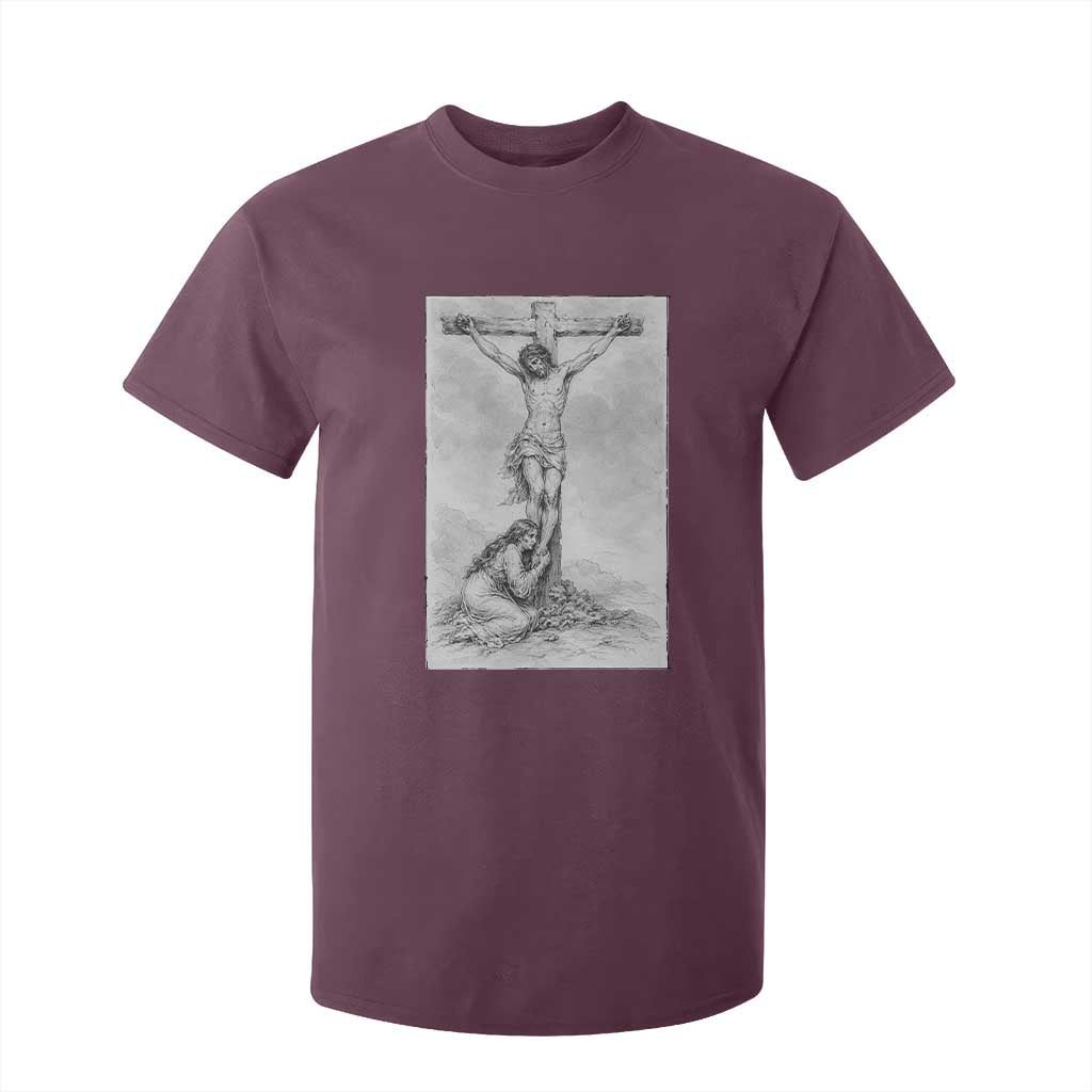 Jesus and St Mary Magdalene At The Cross T Shirt For Kid Vintage Catholic Lent TS11 Maroon Print Your Wear