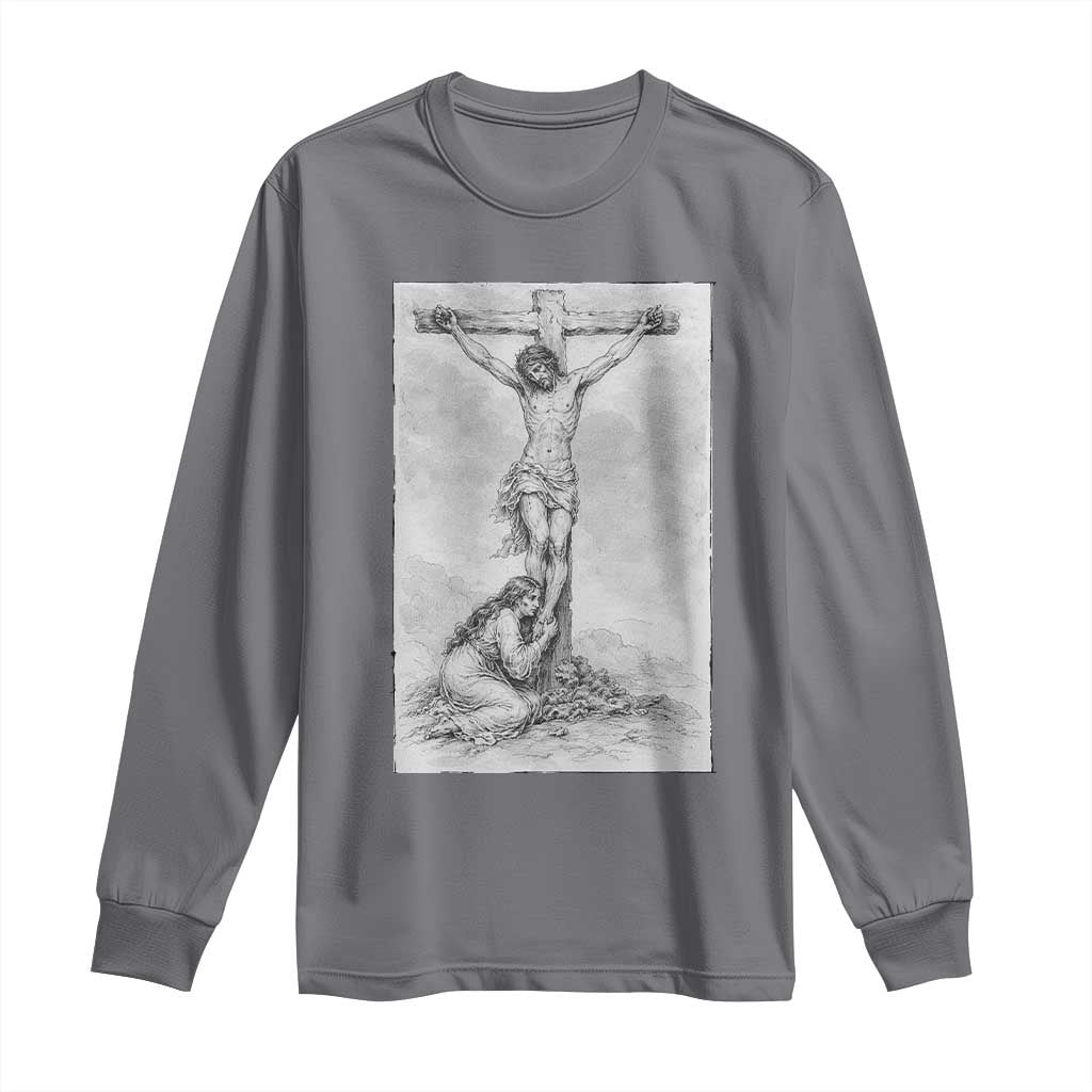 Jesus and St Mary Magdalene At The Cross Long Sleeve Shirt Vintage Catholic Lent TS11 Charcoal Print Your Wear