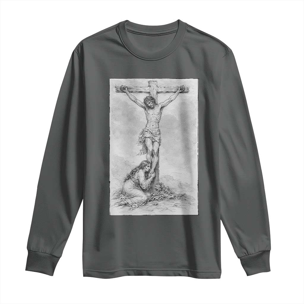 Jesus and St Mary Magdalene At The Cross Long Sleeve Shirt Vintage Catholic Lent TS11 Dark Heather Print Your Wear