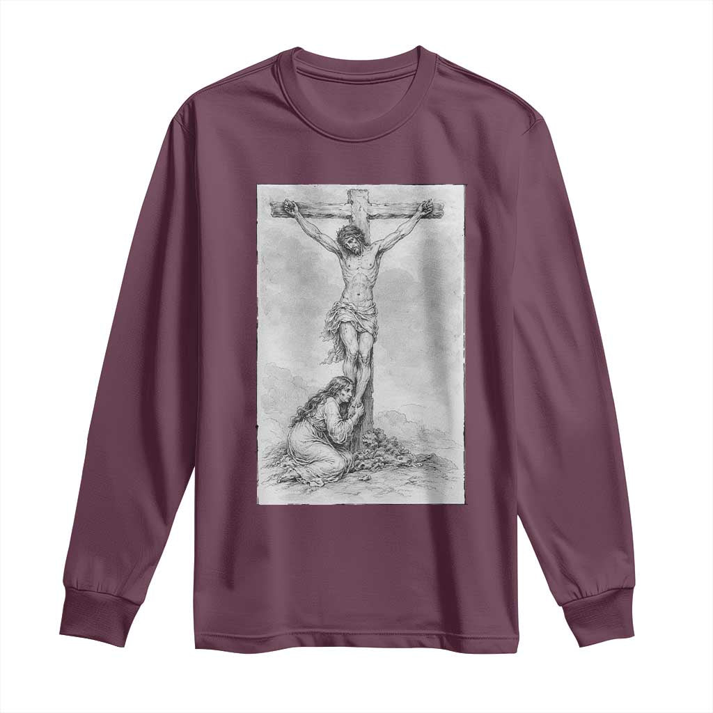 Jesus and St Mary Magdalene At The Cross Long Sleeve Shirt Vintage Catholic Lent TS11 Maroon Print Your Wear