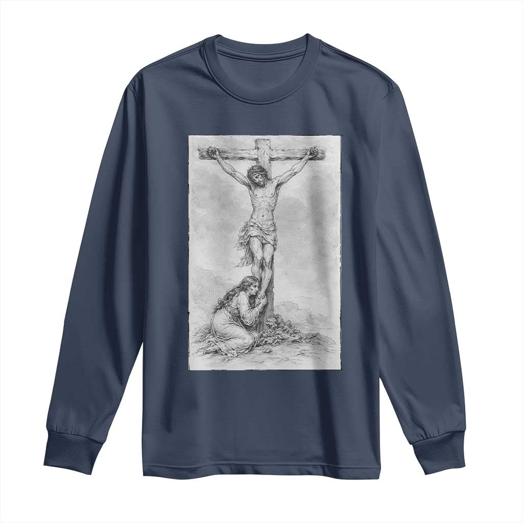 Jesus and St Mary Magdalene At The Cross Long Sleeve Shirt Vintage Catholic Lent TS11 Navy Print Your Wear