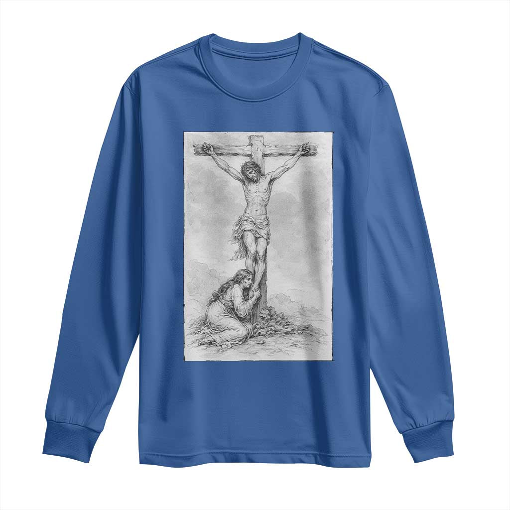 Jesus and St Mary Magdalene At The Cross Long Sleeve Shirt Vintage Catholic Lent TS11 Royal Blue Print Your Wear