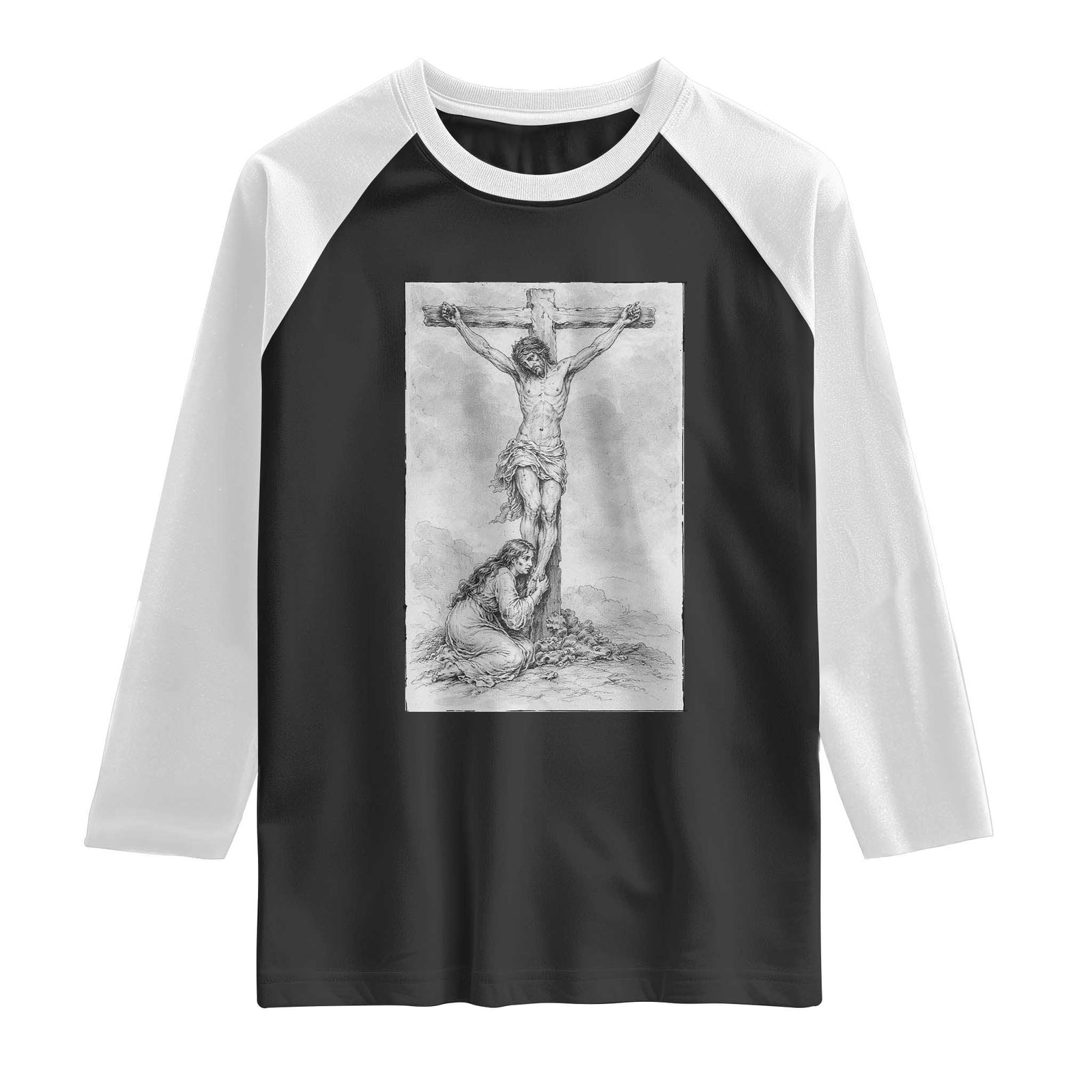 Jesus and St Mary Magdalene At The Cross Raglan Shirt Vintage Catholic Lent TS11 Black White Print Your Wear