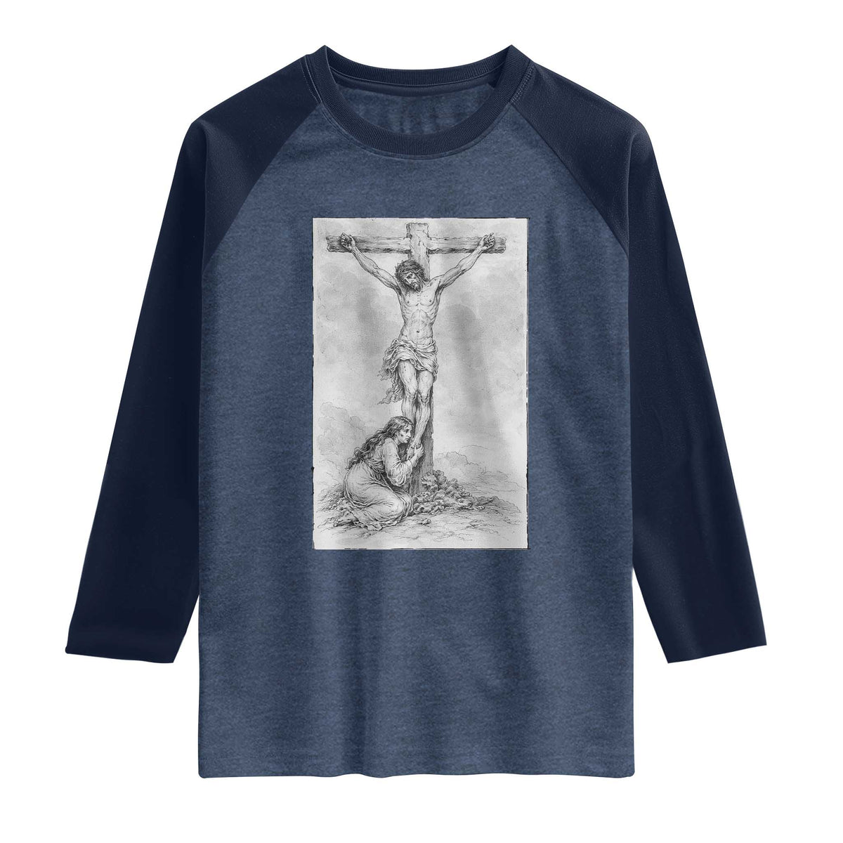 Jesus and St Mary Magdalene At The Cross Raglan Shirt Vintage Catholic Lent TS11 Heather Denim Navy Print Your Wear