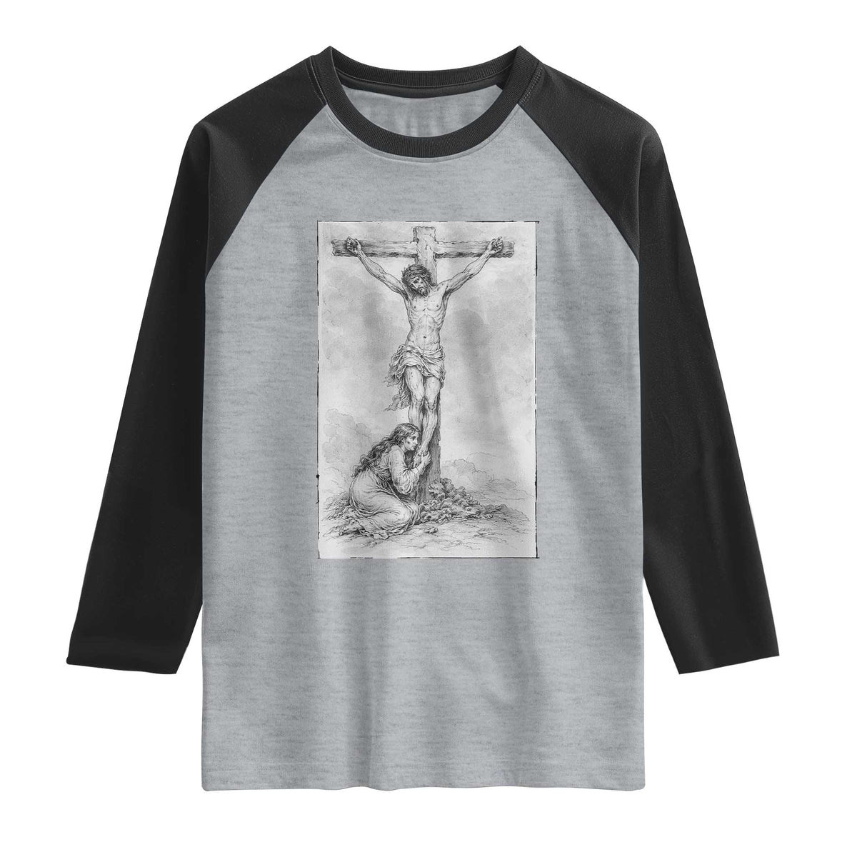 Jesus and St Mary Magdalene At The Cross Raglan Shirt Vintage Catholic Lent TS11 Heather Gray Black Print Your Wear