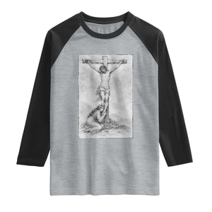 Jesus and St Mary Magdalene At The Cross Raglan Shirt Vintage Catholic Lent TS11 Heather Gray Black Print Your Wear