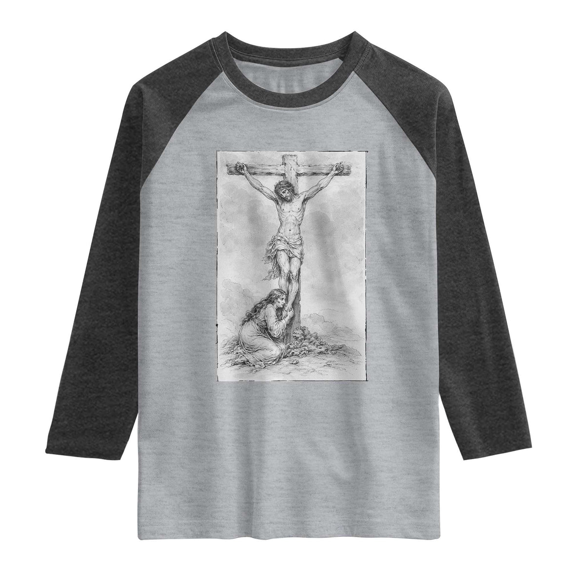 Jesus and St Mary Magdalene At The Cross Raglan Shirt Vintage Catholic Lent TS11 Heather Gray Heather Charcoal Print Your Wear