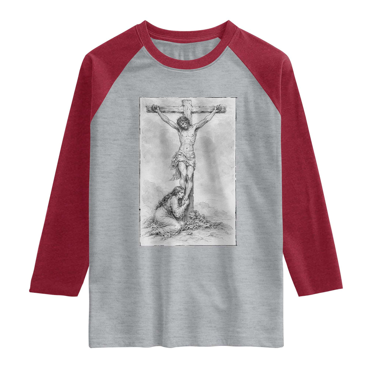 Jesus and St Mary Magdalene At The Cross Raglan Shirt Vintage Catholic Lent TS11 Heather Gray Heather Red Print Your Wear