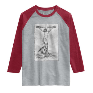 Jesus and St Mary Magdalene At The Cross Raglan Shirt Vintage Catholic Lent TS11 Heather Gray Heather Red Print Your Wear