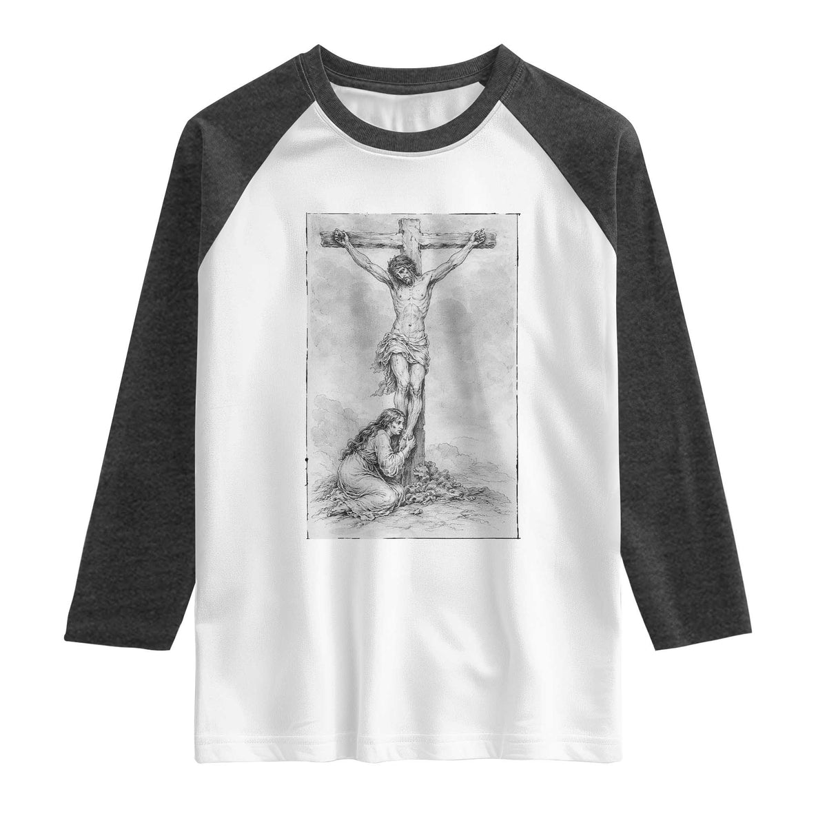 Jesus and St Mary Magdalene At The Cross Raglan Shirt Vintage Catholic Lent TS11 White Heather Charcoal Print Your Wear