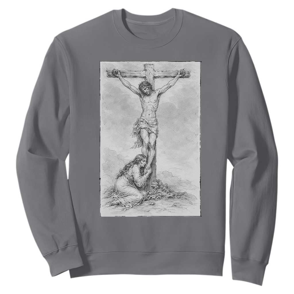 Jesus and St Mary Magdalene At The Cross Sweatshirt Vintage Catholic Lent TS11 Charcoal Print Your Wear