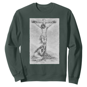 Jesus and St Mary Magdalene At The Cross Sweatshirt Vintage Catholic Lent TS11 Dark Forest Green Print Your Wear