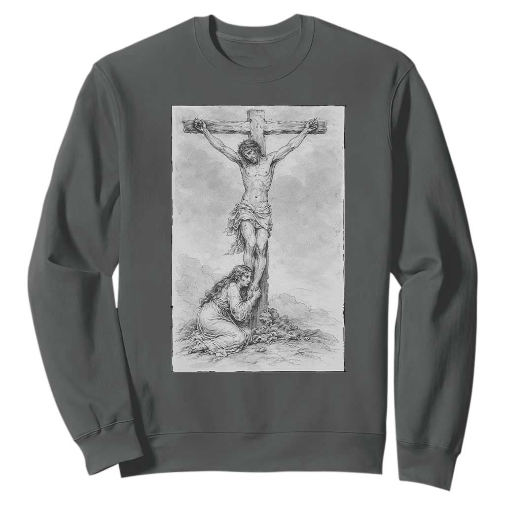 Jesus and St Mary Magdalene At The Cross Sweatshirt Vintage Catholic Lent TS11 Dark Heather Print Your Wear