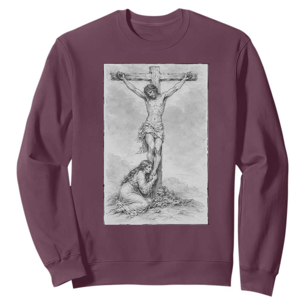 Jesus and St Mary Magdalene At The Cross Sweatshirt Vintage Catholic Lent TS11 Maroon Print Your Wear