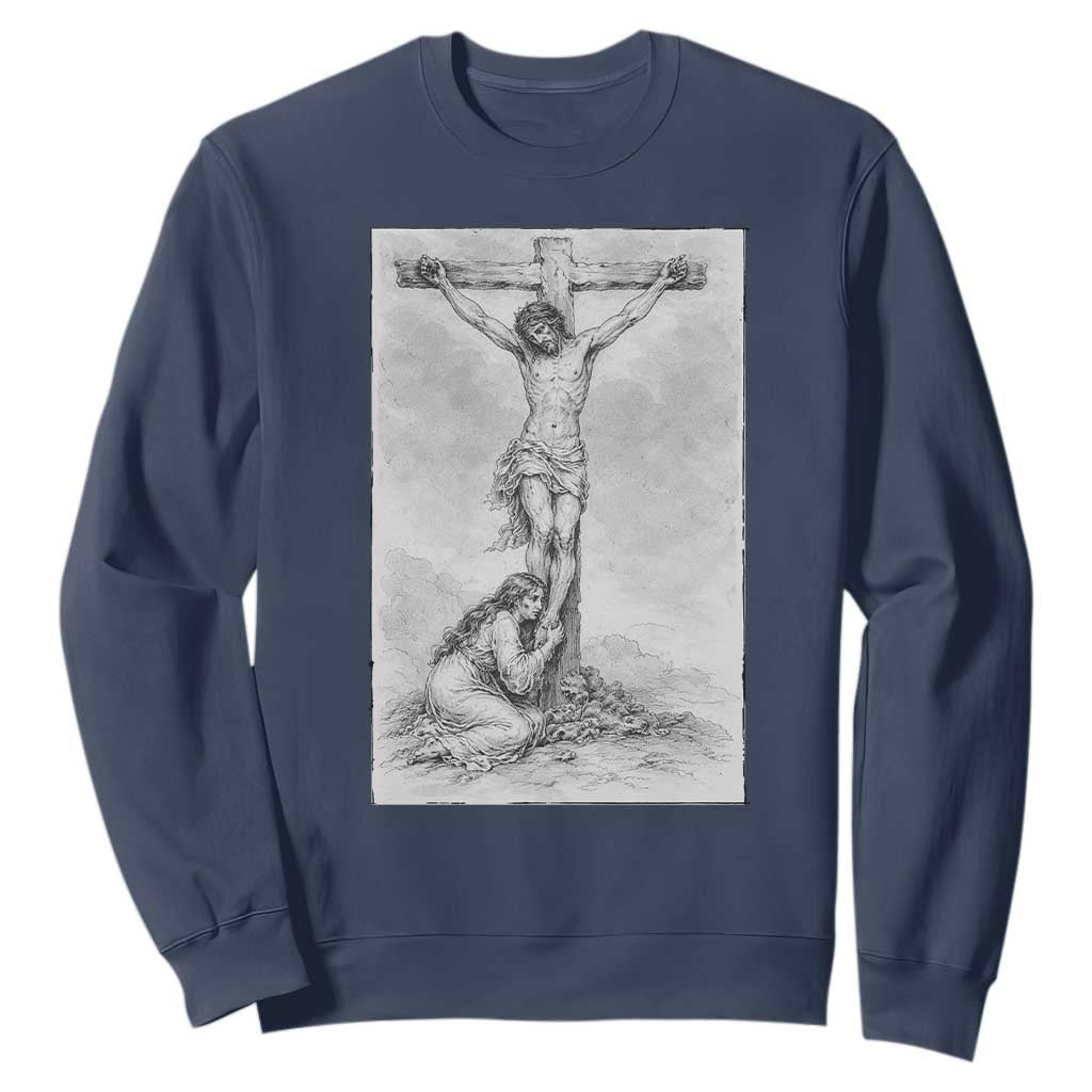 Jesus and St Mary Magdalene At The Cross Sweatshirt Vintage Catholic Lent TS11 Navy Print Your Wear