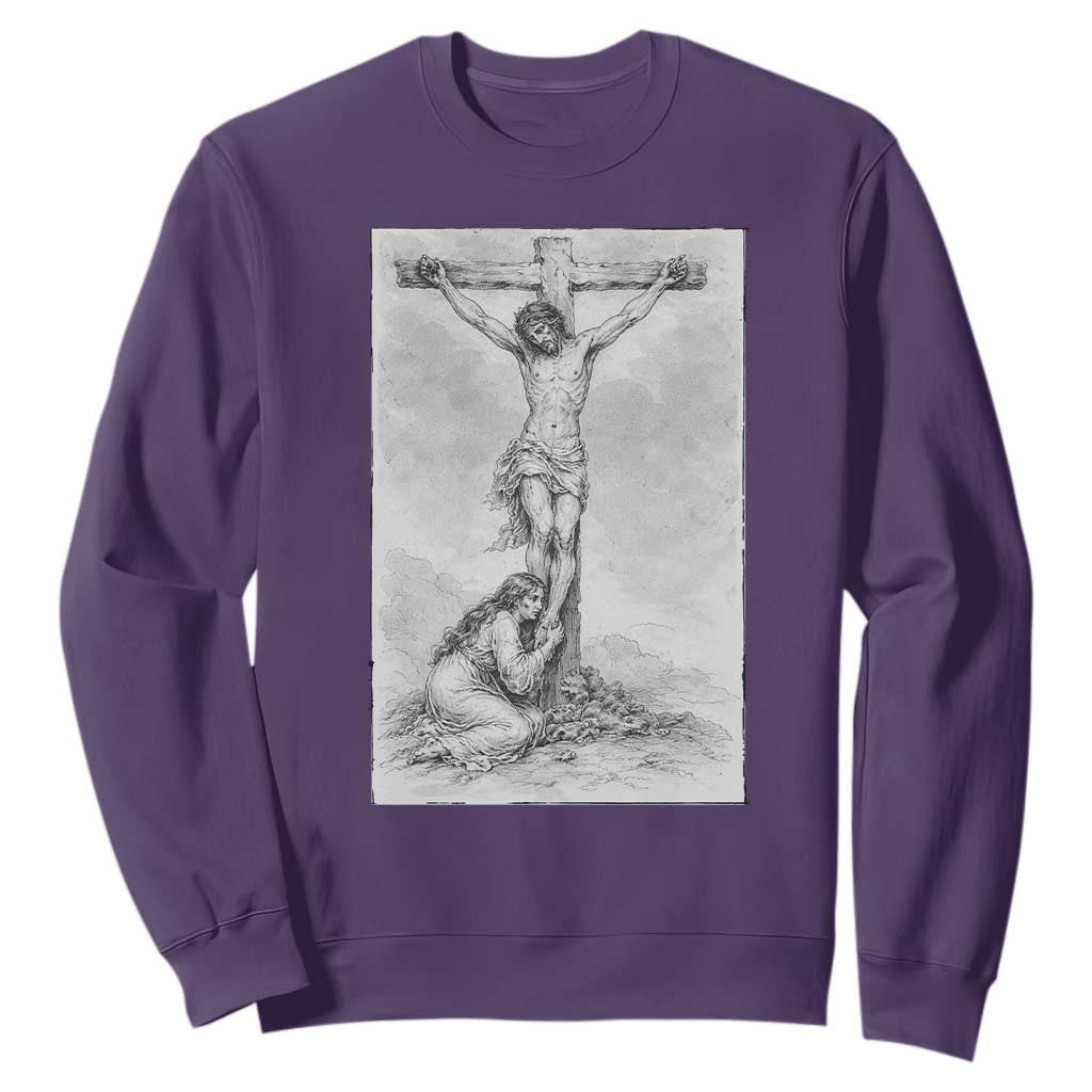 Jesus and St Mary Magdalene At The Cross Sweatshirt Vintage Catholic Lent TS11 Purple Print Your Wear