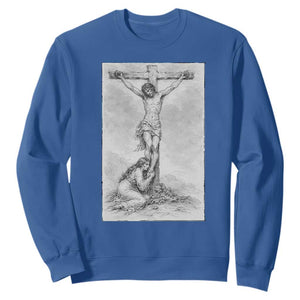 Jesus and St Mary Magdalene At The Cross Sweatshirt Vintage Catholic Lent TS11 Royal Blue Print Your Wear