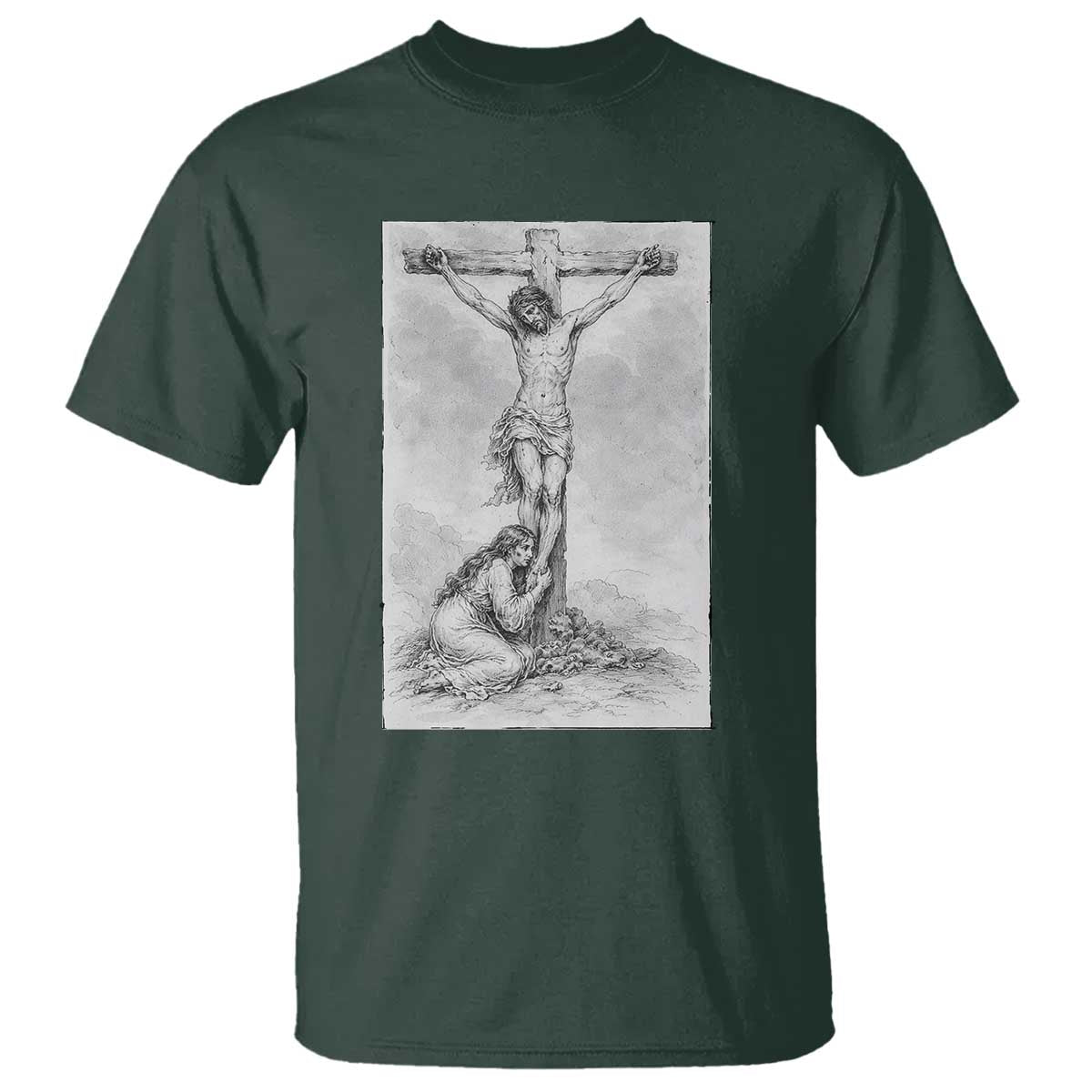 Jesus and St Mary Magdalene At The Cross T Shirt Vintage Catholic Lent TS11 Dark Forest Green Print Your Wear