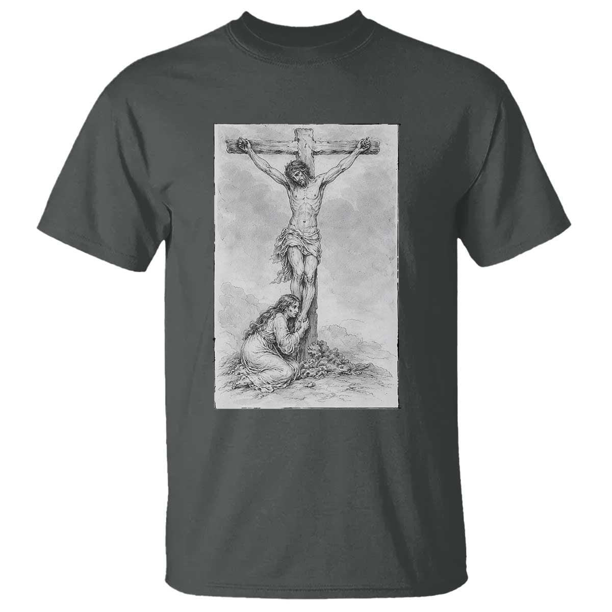 Jesus and St Mary Magdalene At The Cross T Shirt Vintage Catholic Lent TS11 Dark Heather Print Your Wear