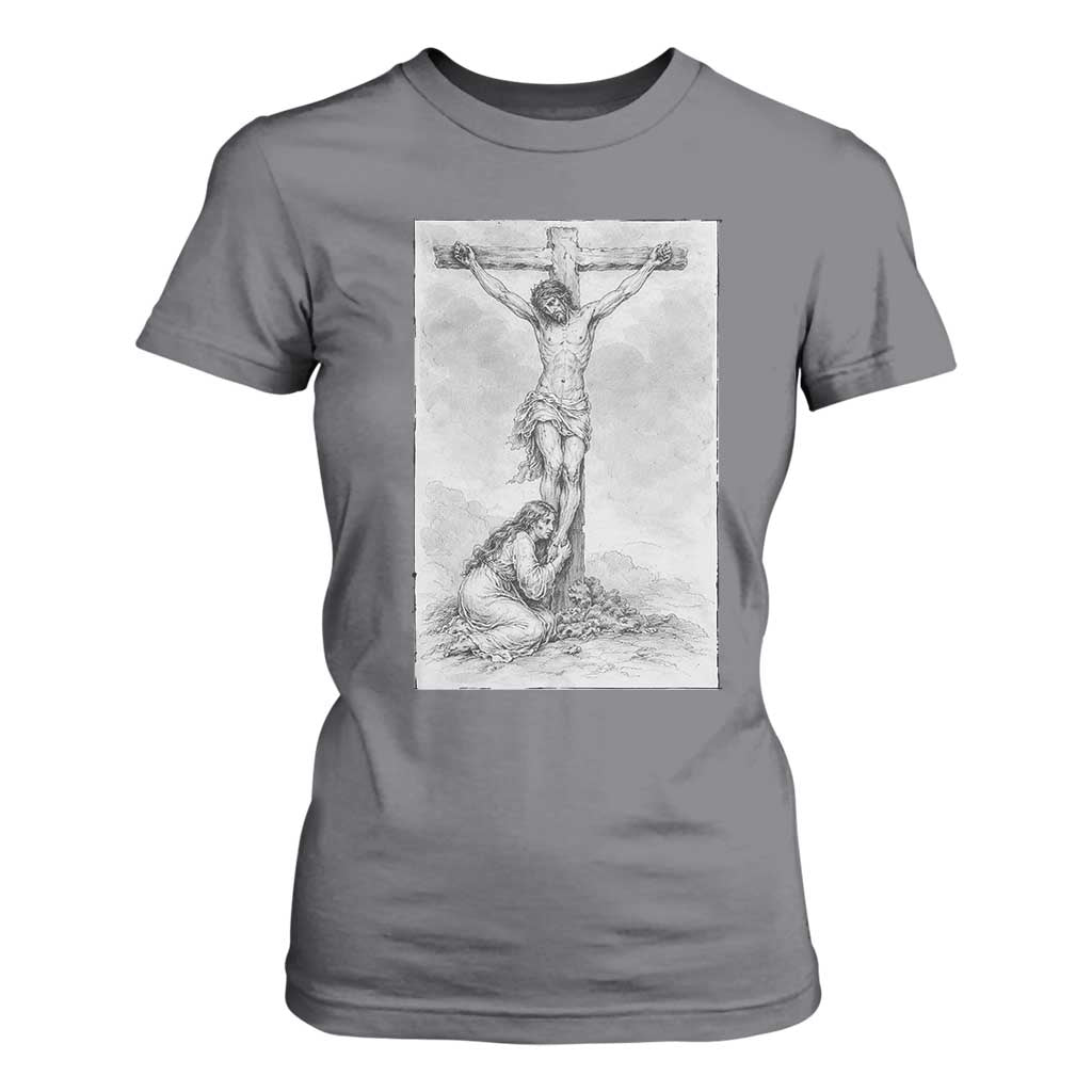 Jesus and St Mary Magdalene At The Cross T Shirt For Women Vintage Catholic Lent TS11 Charcoal Print Your Wear