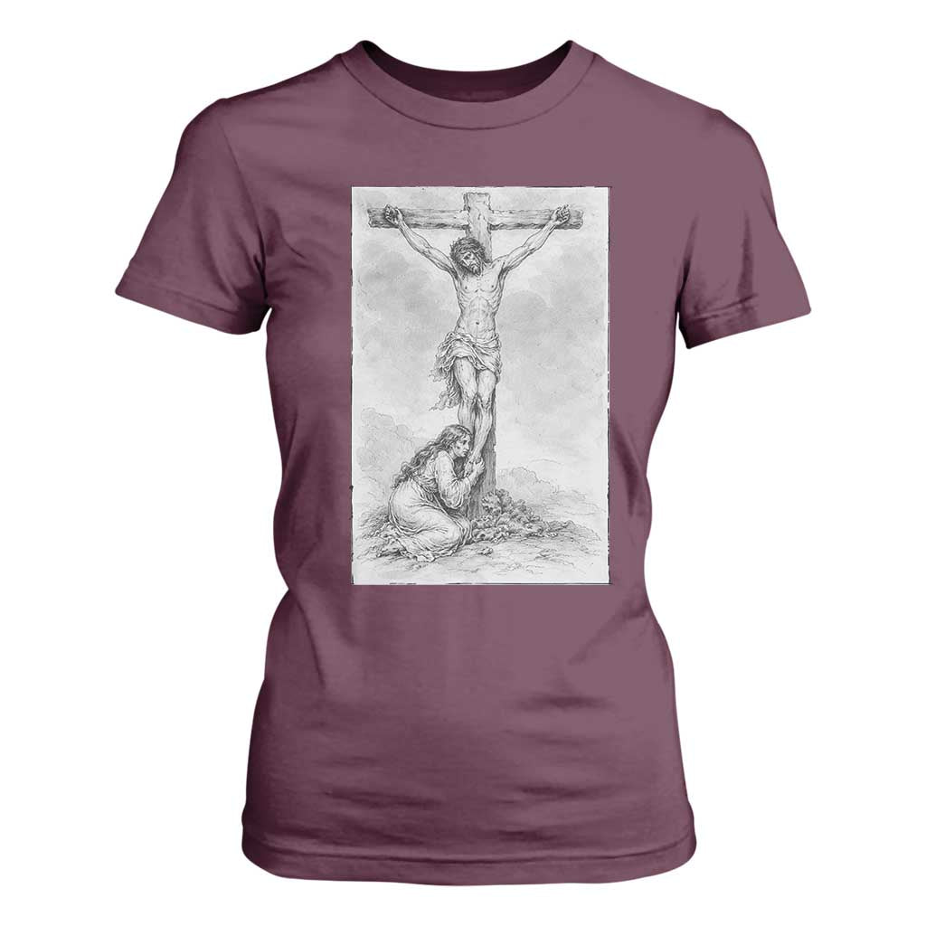 Jesus and St Mary Magdalene At The Cross T Shirt For Women Vintage Catholic Lent TS11 Maroon Print Your Wear
