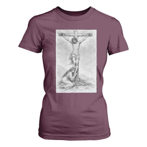 Jesus and St Mary Magdalene At The Cross T Shirt For Women Vintage Catholic Lent TS11 Maroon Print Your Wear