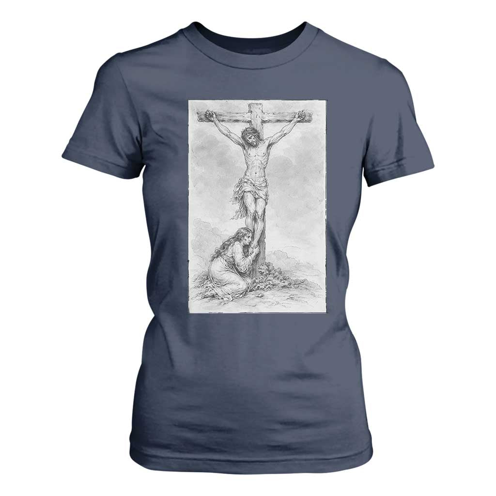 Jesus and St Mary Magdalene At The Cross T Shirt For Women Vintage Catholic Lent TS11 Navy Print Your Wear