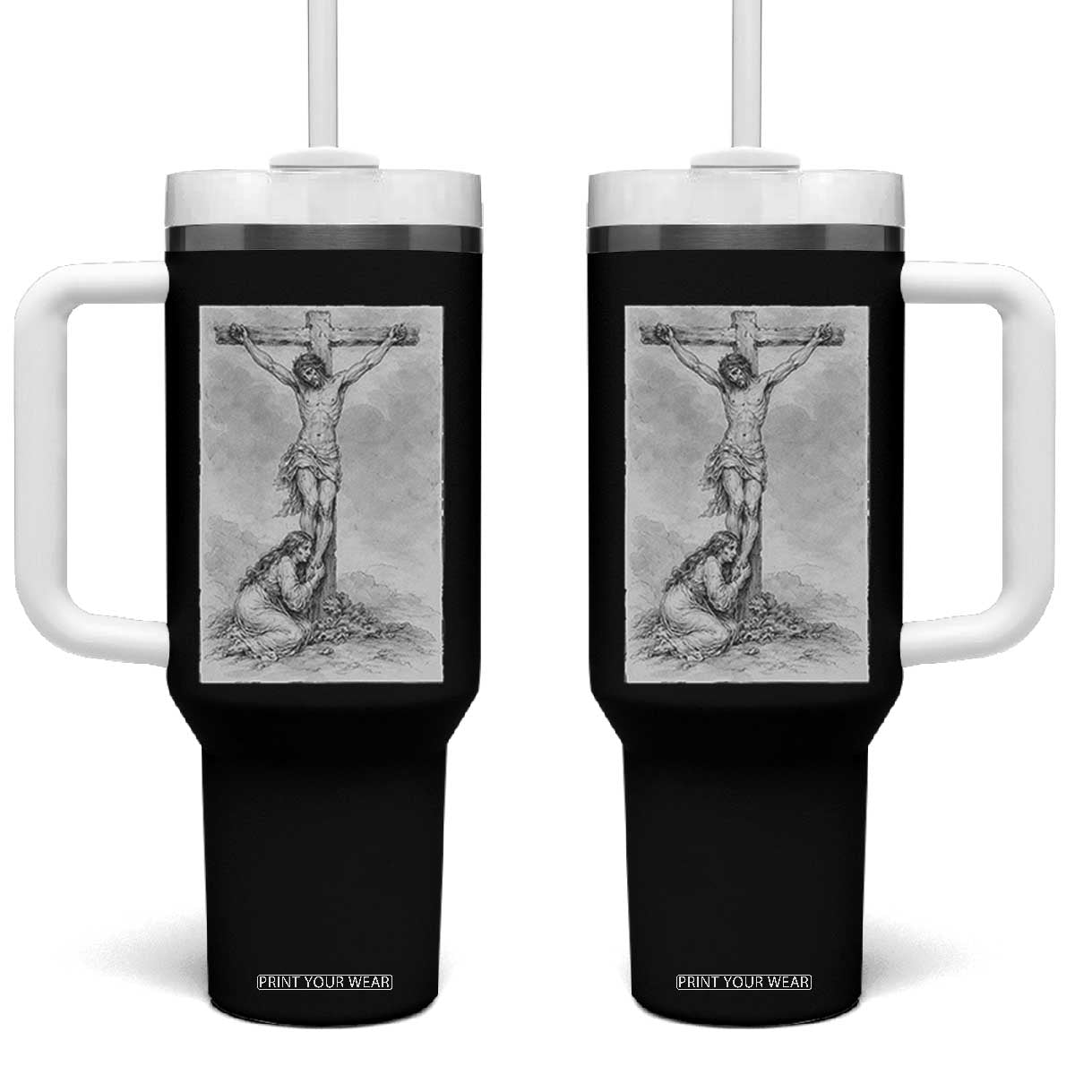 Jesus and St Mary Magdalene At The Cross Tumbler With Handle Vintage Catholic Lent TS11 One Size: 40 oz Black Print Your Wear
