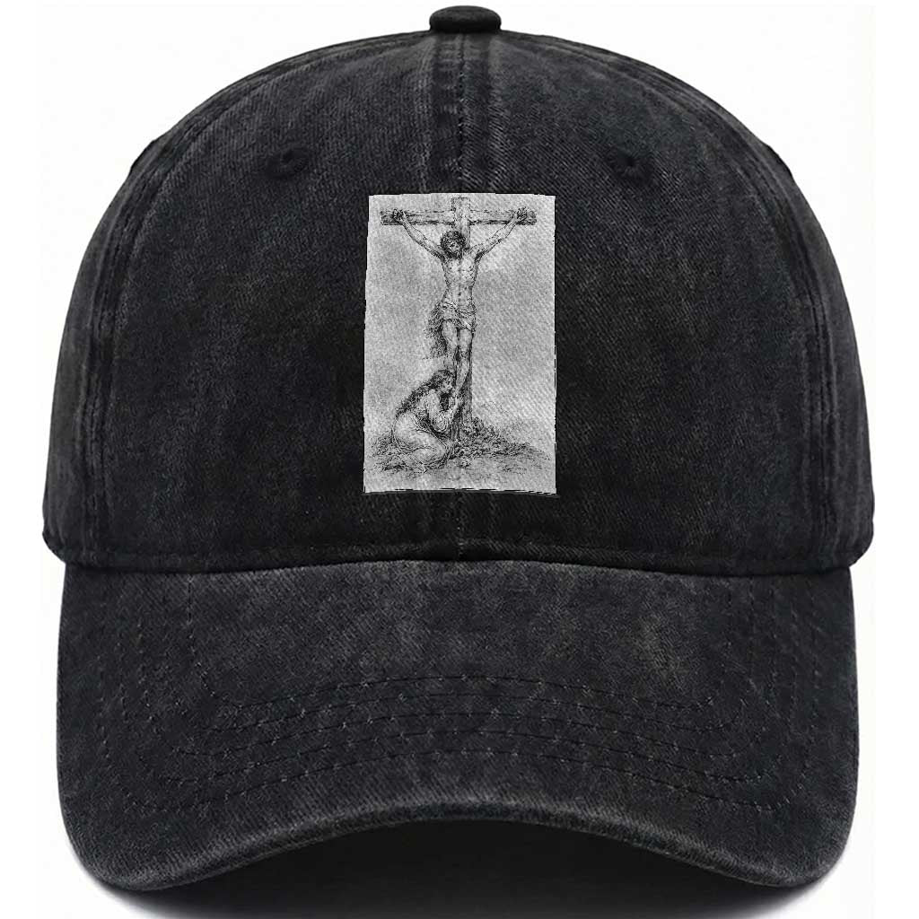 Jesus and St Mary Magdalene At The Cross Washed Cotton Baseball Cap Vintage Catholic Lent TS11 Washed Cap Universal Fit Black Print Your Wear